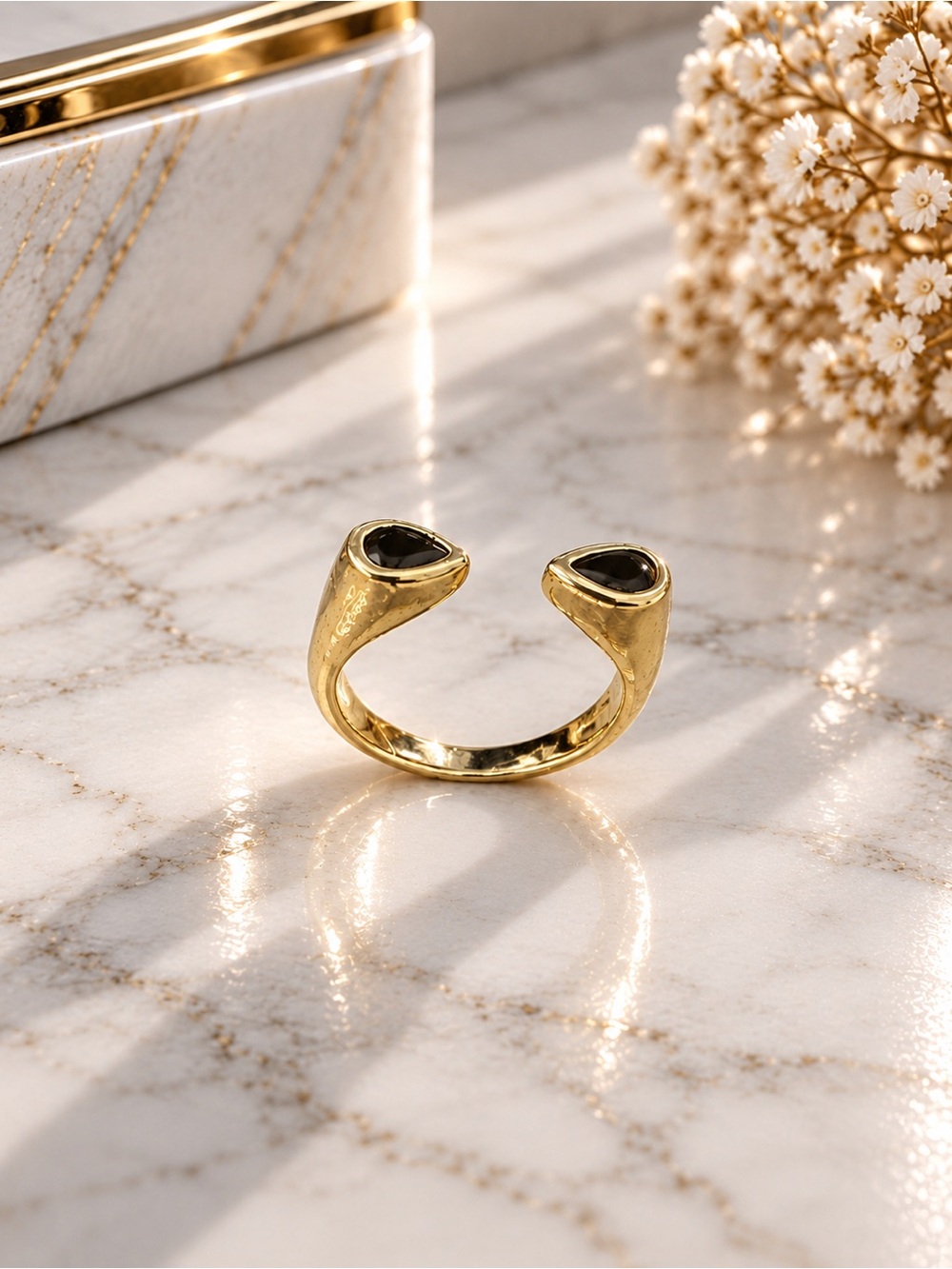 Gold Filled Adjustable Open Band Ring with Black Teardrop Stones